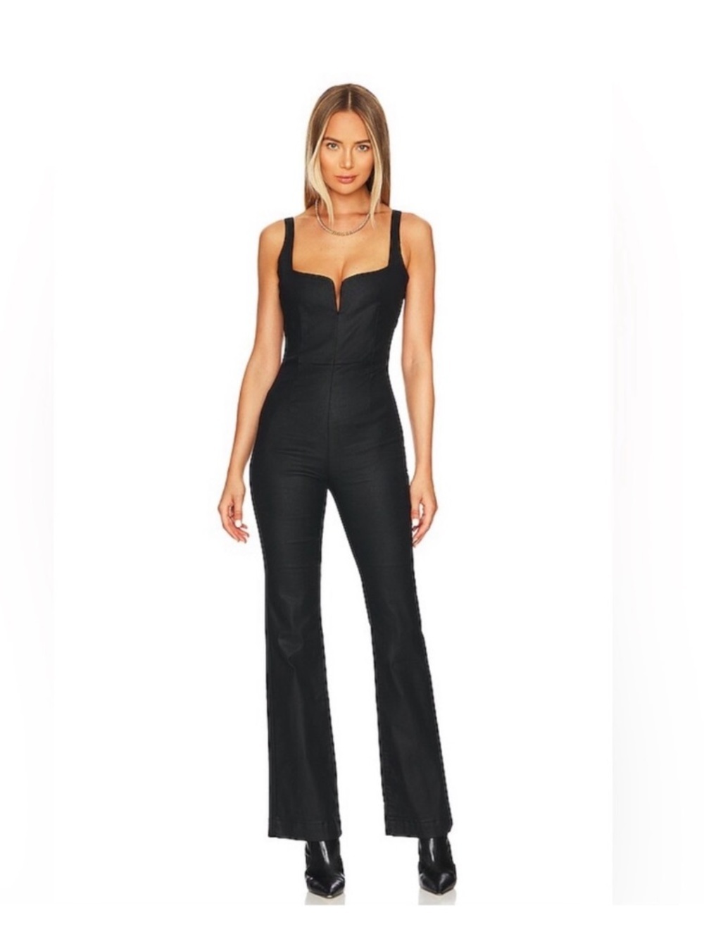 7 For All Mankind Coated Sexy Flare Black Sleeveless Stretch Jumpsuit Size Small